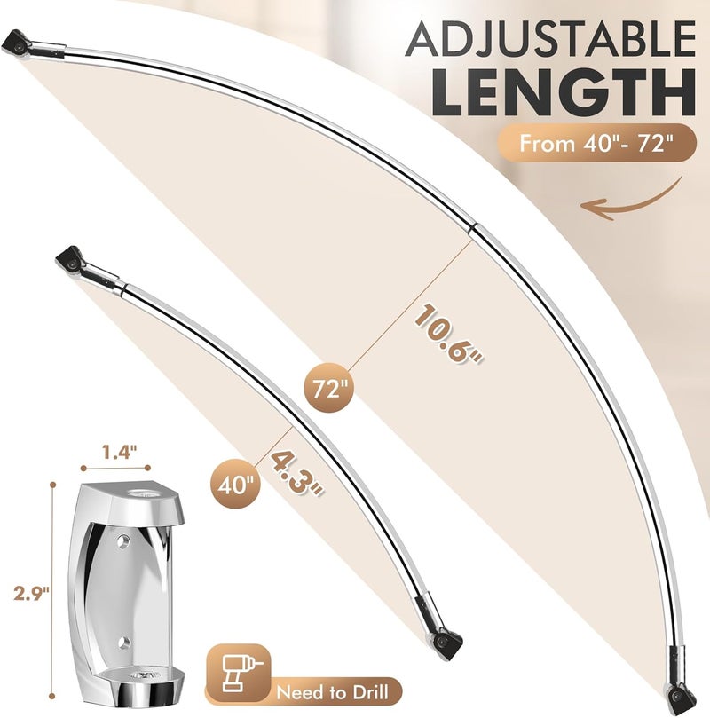 Bonpally Curved Shower Curtain Rod for Bathroom, 40-72 Inches Adjustable Curved Shower Rod, 0.9MM Rustproof Shower Curtain Rod with Rotating Brackets for Extra Shower Space, Need to Drill, Chrome - Image 4